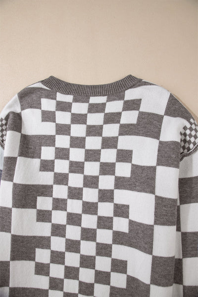 Cozy Gray Checkered Drop Shoulder Sweater for Women - Chic Round Neck Knit Top for Effortless Casual Style