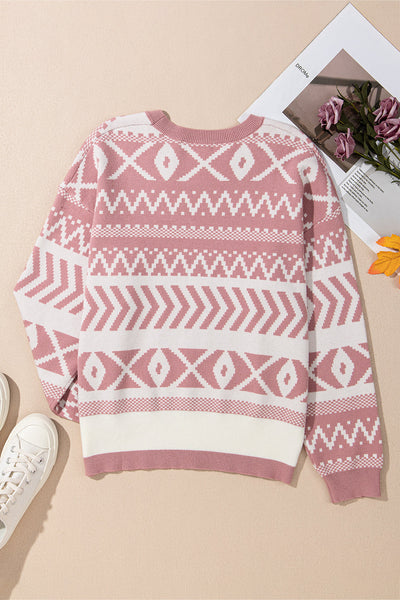 Cozy Women's Fuchsia Abstract Print Pullover Sweater - Stylish Knit Top for Fall & Winter Wardrobe Essentials