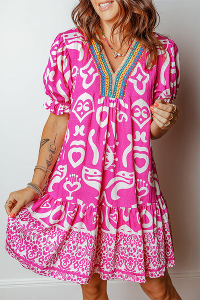 Women's Rose Boho Flared V-Neck Midi Dress with Contrast Trim