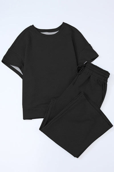 Chic Black Textured T-Shirt and Drawstring Pants Set for Women - Effortless Loose Fit Everyday Style