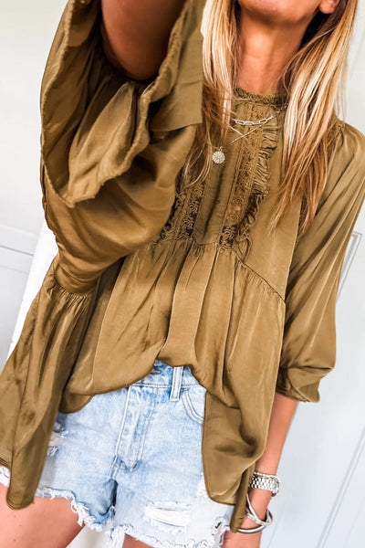 Elegant Women's Jungle Green Silky Lace Frilled Blouse - Chic Long Sleeve Round Neck Top for Fashionable Looks