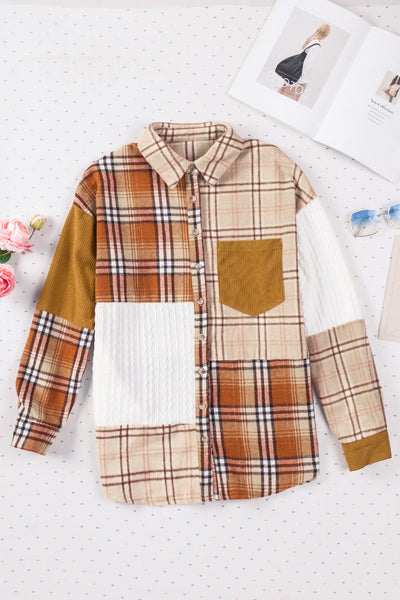 Women's Casual Orange Plaid Color Block Shirt Jacket with Pocket - Versatile Layering Piece for All Seasons