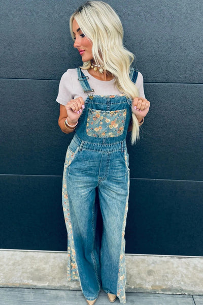 stylish women's peacock blue floral patchwork wide leg denim overalls - comfortable fashion for casual outings made for easy styling and wardrobe with