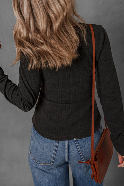 Women's Casual Black Mineral Wash Long Sleeve Henley Top with Waffle Knit and Pocket Perfect for Everyday Wear