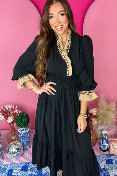 Elegant Women's Black Flowy Midi Dress with V-Neck, 3/4 Ruffled Sleeves, and Frilled Trim for Effortless Chic Style