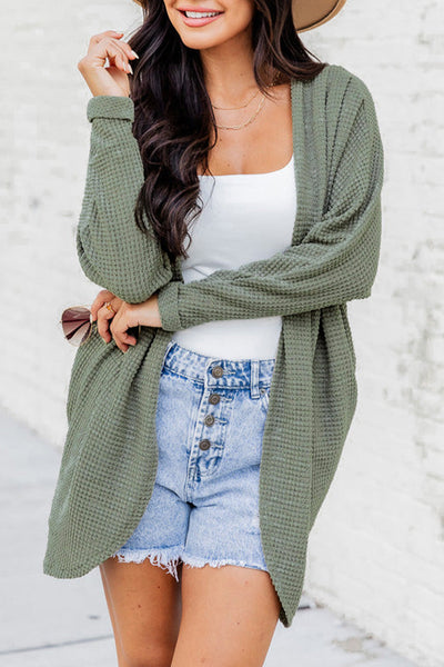 Cozy Women's Laurel Green Waffle Knit Open Front Cardigan for Stylish Layering and Comfort in Every Season