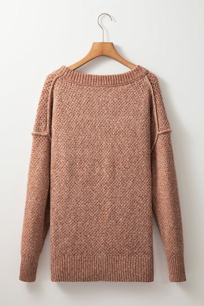 Cozy Casual Women's Dark Brown Loose-Fit Eyelet V-Neck Sweater with Drop Shoulders for Effortless Style