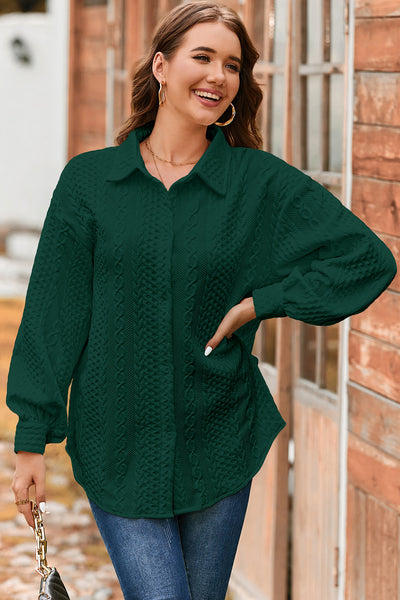 Women's Blackish Green Cable Knit Puff Sleeve Shacket