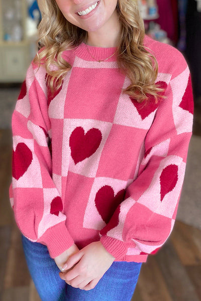 Cozy Women's Pink Heart Checkered Sweater - Cute Crew Neck for Valentine‚Äôs Day and Romantic Outings