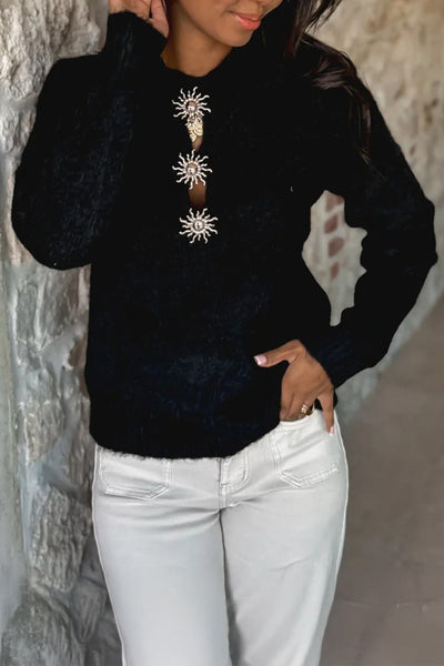 Cozy Women's Black Solar Button Neck Sweater - Chic Casual Style for Effortless Everyday Comfort