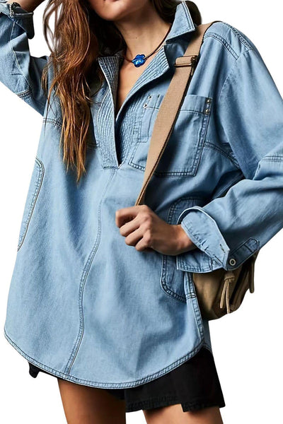 Trendy Women's Dusk Blue Oversized Denim Pullover with Exposed Stitching & Notched Collar - Chic Patchwork Top