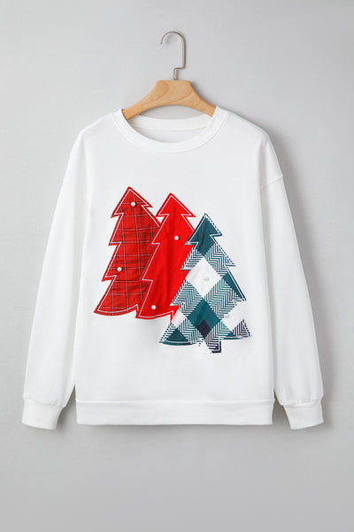 Women's Plaid Christmas Tree Patchwork Sweatshirt with Pearl Accents
