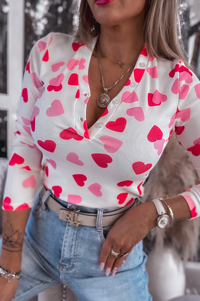 women's fitted pink heart print long sleeve top with buttoned neckline - perfect for valentine's day celebrations with practical styling and