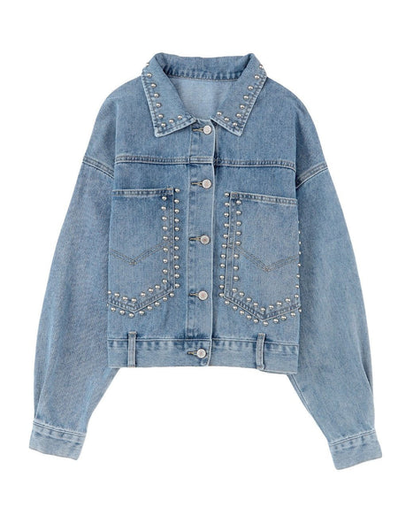 Women's Sky Blue Rhinestone Embellished Denim Shacket