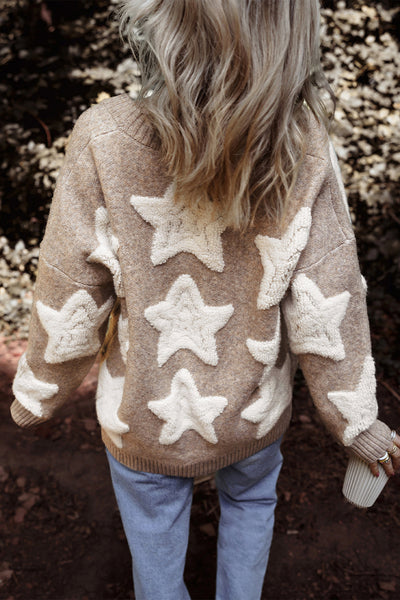 Chic Women's Khaki Sherpa Cardigan with Star Pattern & Pockets - Cozy Textured Sweater for Casual Style