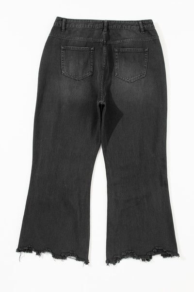 Women's Black Ripped Raw Edge High Waist Flare Jeans