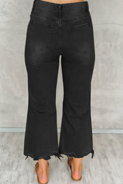 Women's Black Ripped Raw Edge High Waist Flare Jeans
