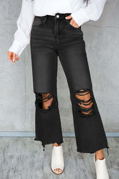 Women's Black Ripped Raw Edge High Waist Flare Jeans