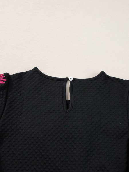 Embroidered Puff Sleeve Top in Black and Pink