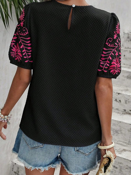 Embroidered Puff Sleeve Top in Black and Pink