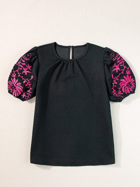 Embroidered Puff Sleeve Top in Black and Pink