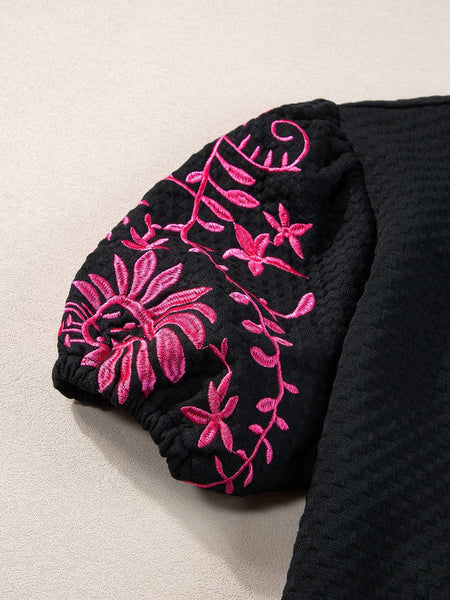 Embroidered Puff Sleeve Top in Black and Pink