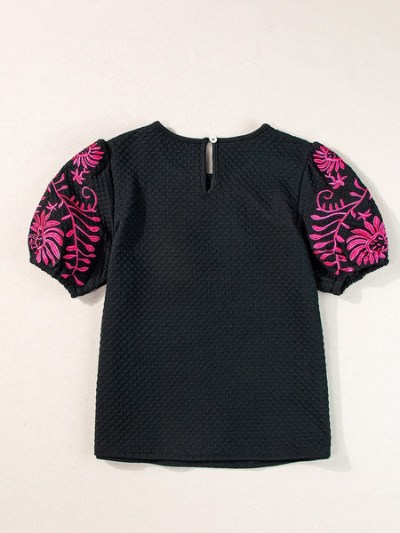 Embroidered Puff Sleeve Top in Black and Pink