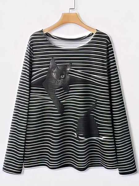 Women's Black Cat Graphic Striped Plus Size Long Sleeve Tee