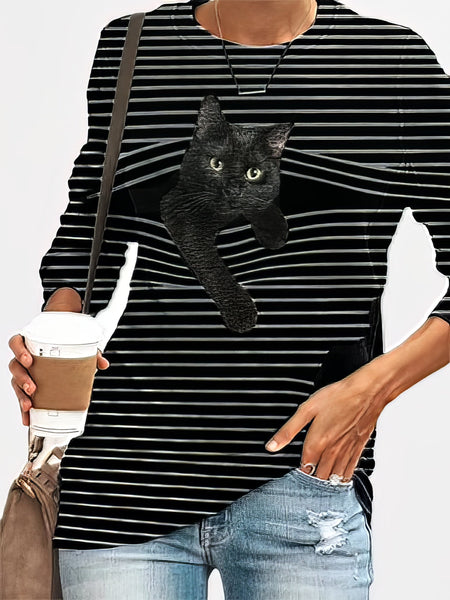Women's Black Cat Graphic Striped Plus Size Long Sleeve Tee