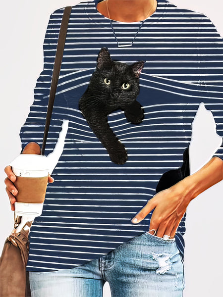 Women's Black Cat Graphic Striped Plus Size Long Sleeve Tee