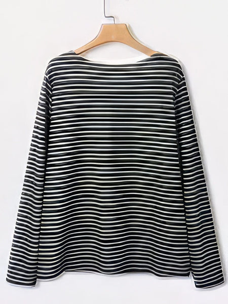 Women's Black Cat Graphic Striped Plus Size Long Sleeve Tee