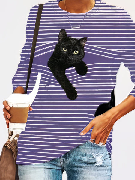 Women's Black Cat Graphic Striped Plus Size Long Sleeve Tee