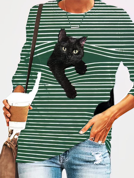 Women's Black Cat Graphic Striped Plus Size Long Sleeve Tee