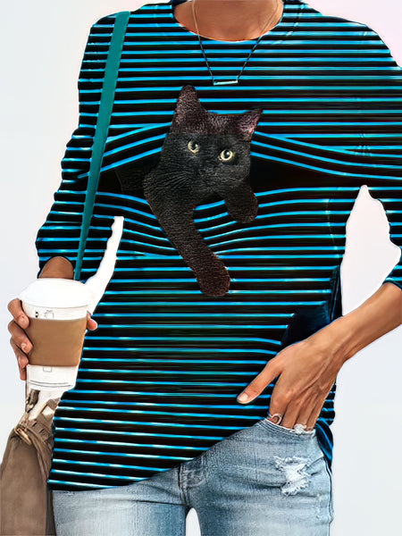 Women's Black Cat Graphic Striped Plus Size Long Sleeve Tee