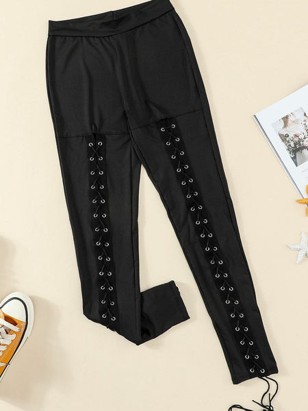 Black Front Lace-Up Grommet Leggings with Silver Hardware