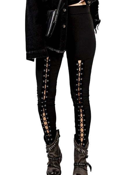 Black Front Lace-Up Grommet Leggings with Silver Hardware