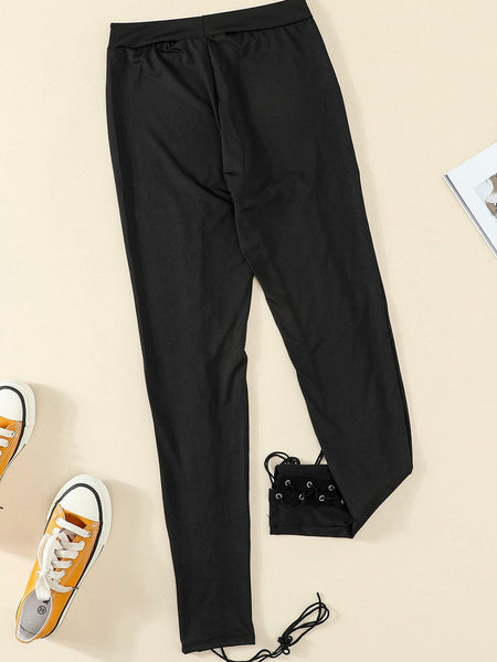 Black Front Lace-Up Grommet Leggings with Silver Hardware