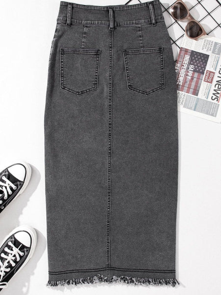 Vintage Washed Split Denim Skirt with Zipper Closure and Pockets