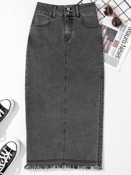Vintage Washed Split Denim Skirt with Zipper Closure and Pockets