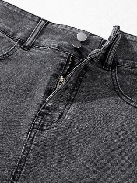 Vintage Washed Split Denim Skirt with Zipper Closure and Pockets