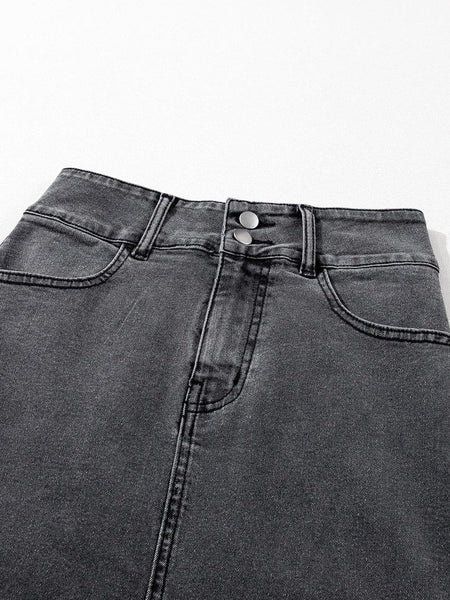 Vintage Washed Split Denim Skirt with Zipper Closure and Pockets