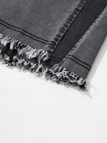 Vintage Washed Split Denim Skirt with Zipper Closure and Pockets