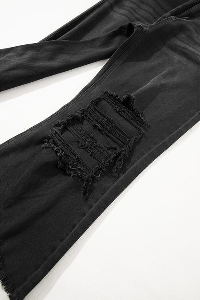 Women's Black Ripped Raw Edge High Waist Flare Jeans