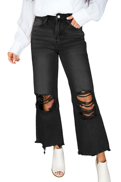 Women's Black Ripped Raw Edge High Waist Flare Jeans