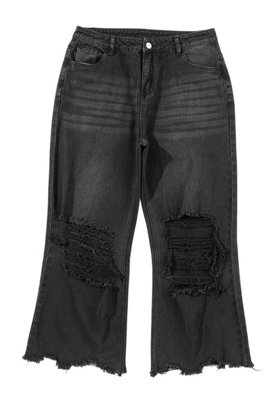 Women's Black Ripped Raw Edge High Waist Flare Jeans