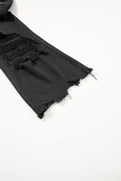 Women's Black Ripped Raw Edge High Waist Flare Jeans