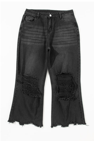 Women's Black Ripped Raw Edge High Waist Flare Jeans
