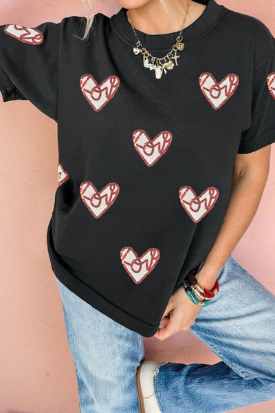 Women's Black Sequin Love Heart Graphic Tee with Relaxed Fit