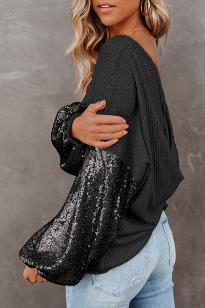 Women's Black Sequin Patchwork Waffle Knit Off-Shoulder Top