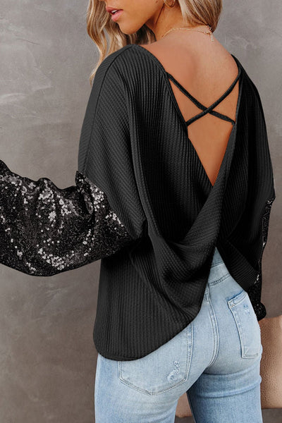 Women's Black Sequin Patchwork Waffle Knit Off-Shoulder Top
